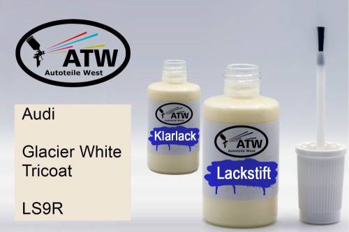 Audi, Glacier White Tricoat, LS9R: 20ml Lackstift + 20ml Klarlack - Set, von ATW Autoteile West.